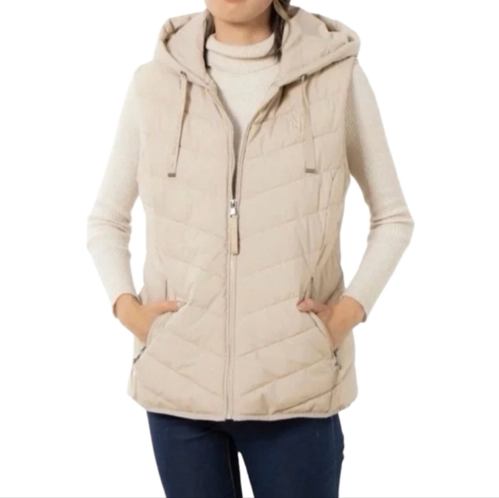 Ralph Lauren RL Puffer Vest Hooded Beige Quilted Zip‎ Front Sleeveless Women